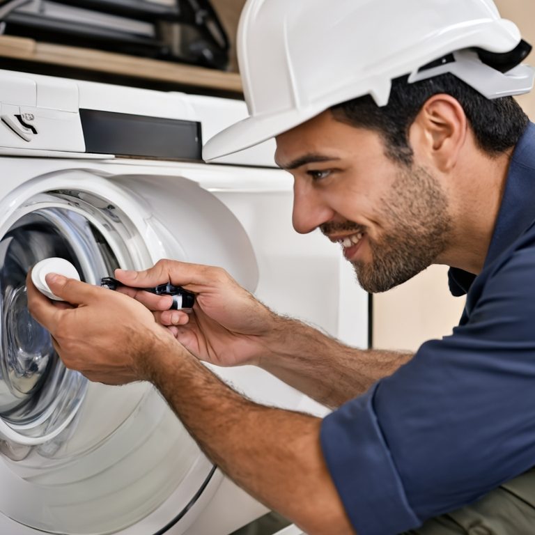 Tus electrodomésticos en manos de profesionales Técnico revisando la tapa de una lavadora con una herramienta en mano.